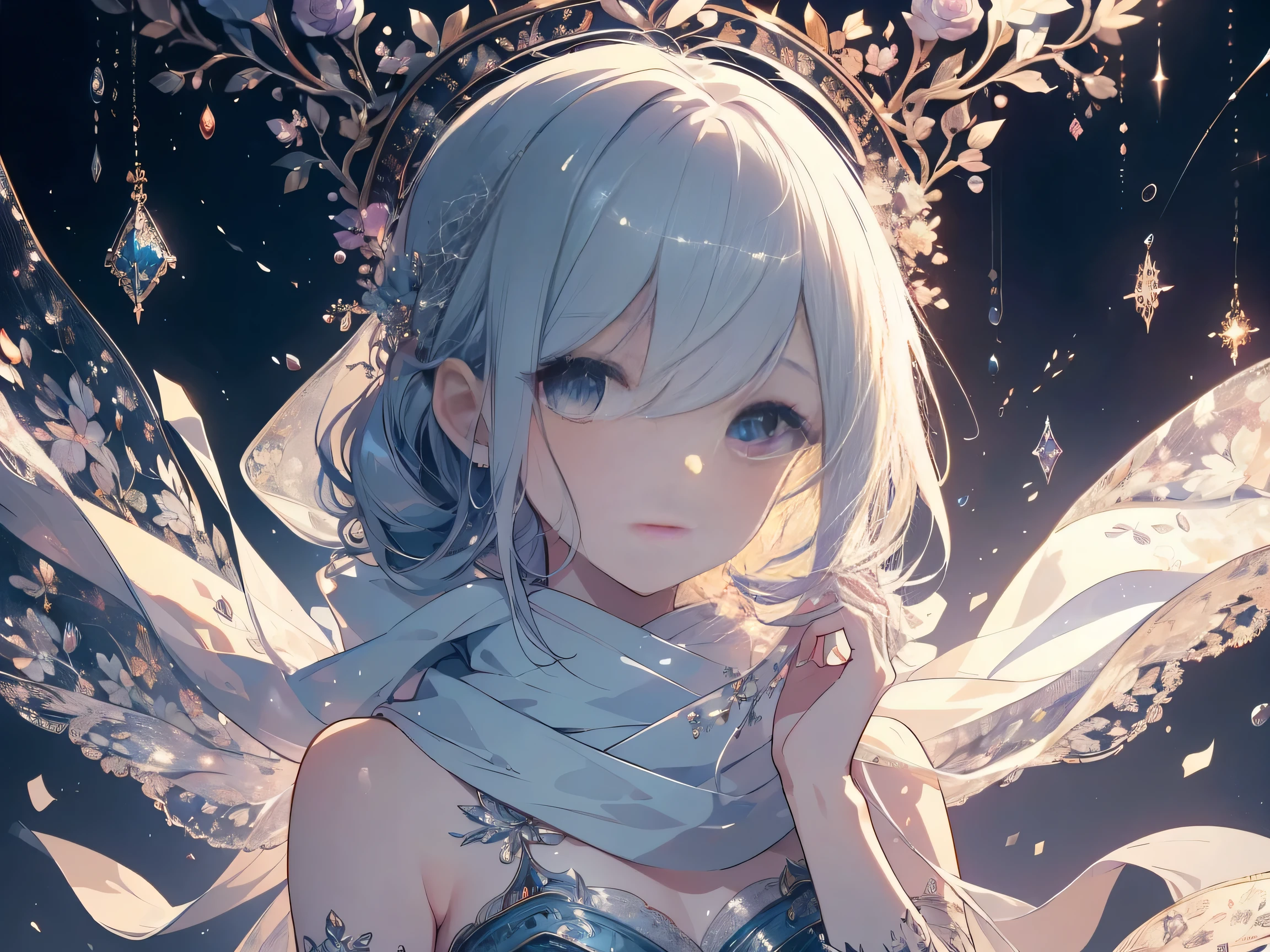 8K, Wrap your head with a scarf, High Resolution RAW Color Art, cartoon, Silver Marble Skin, (((Elegant and refined details))), Magical atmosphere, Delicate skin, texture,(Carefully crafted, Finer details, Extremely detailed art), Writing border depth, Bokeh, Silky touch, Ultra Detail, (Lilac), beautiful eyes, Elegant face, Neon City Center