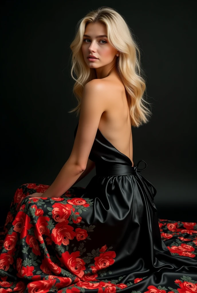 jong sexy blond woman sitting in a black  leather glossy super shiny flared long flower print circle skirt
