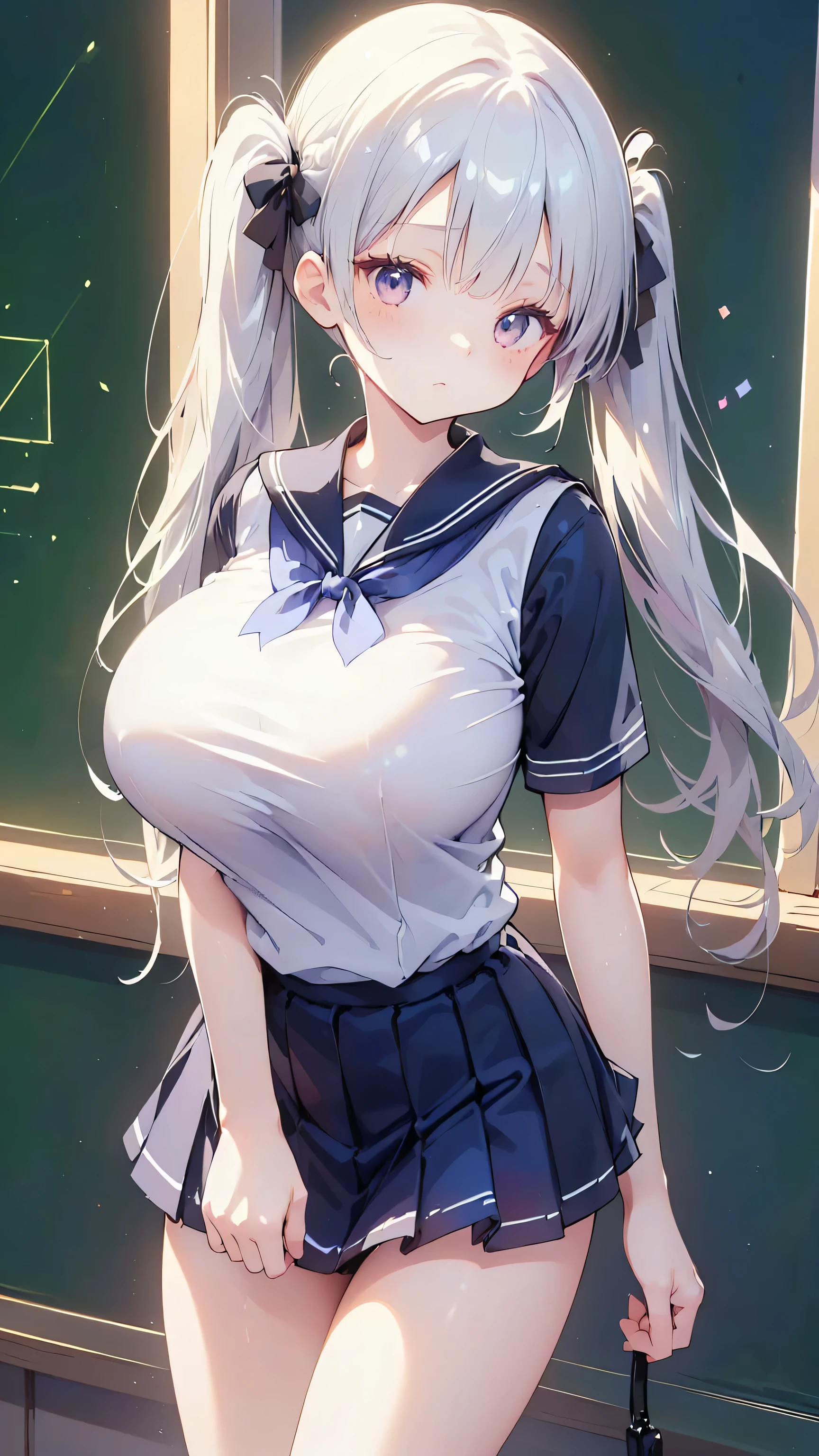 Ultra-high resolution, 8k,high quality,(Ultra-short stature,Gargari body,cowboy shot , ((no hat:1.3))),Slender,Cute hairstyle,(from top),(iridescent light,soft shadow,Anime Painting,thin line drawing),((((super enormous cartoon-like tits,school uniform、Twin tails、Girl、)))),