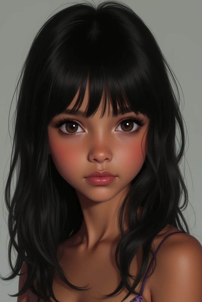 Generate a girl with DARK SKIN with black and straight hair straight hair straight hair medium-large eyes with beautiful eyelashes