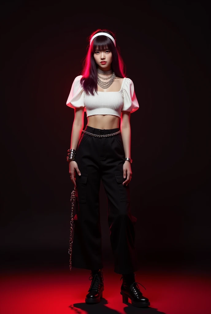 Female kpop idol with sharp korean facial features, chest length dark magenta hair, soft red lighting, full body picture, black background, White top with puffed sleeves, black cargo pants, black high heeled sneakers, chain belts, white headband