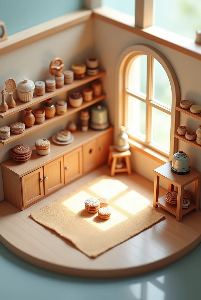 (photorealism:1.2), hobby room which is bakery hobby. miniature layout, isometric view. room is round and tidy. the layout is circle