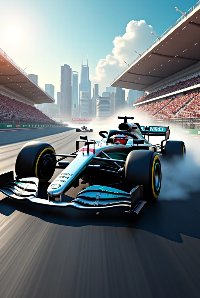 create a very sporty Formula 1 style scenario with a Mercedes racing car