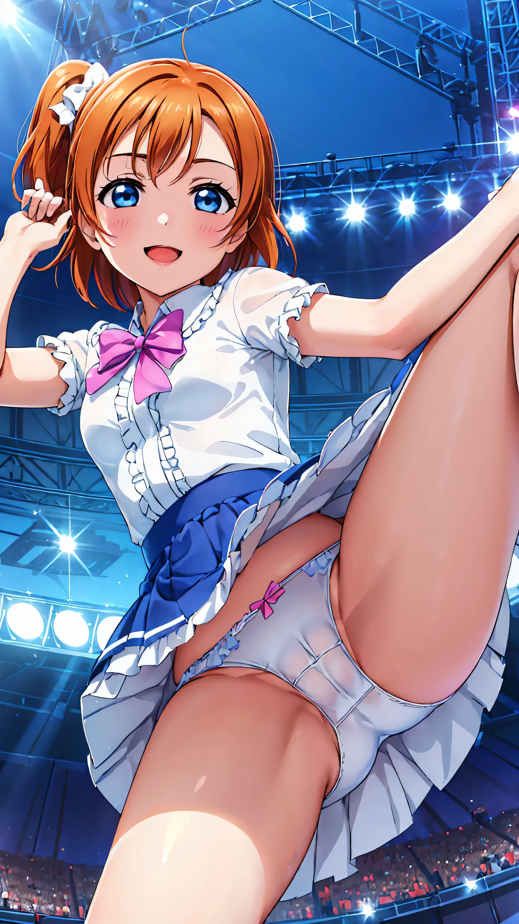 (((Pixel perfect, perfect in every detail))),(((Diameter-downward view of skirt,))), alone, one girl, Kosaka Honoka, (μ's idol dress), looking at viewer, smiling, μ's,Love Live! stage, singing, (Lifted Skirt 1.3), (Detailed Panties 1.3), (White Panties: 1.3), (Frilled Panties: 1.3),(Upskirt), (Cotton Panties), (Low angle) ,(Frilled Petticoat),blue eyes,orange hair,one side ponytail,short hair,(Spread Legs: 1.3)