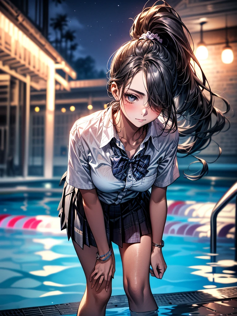 (SFW:1.5) ,Ultra high definition, High detail, Textured skin, retina, High resolution,
(masterpiece:1.2, top-quality), (realistic, photorealistic:1.4), beautiful illustration,
looking at viewer, full body, front view:0.6,
1 girl, japanese, high school girl, (long hair:1.5), blown hair, (side ponytail), hair over one eye, large breasts:0.8,
beautiful hair, beautiful face, beautiful detailed eyes, beautiful clavicle, beautiful body, beautiful chest, beautiful thigh, beautiful legs, beautiful fingers,
(beautiful scenery), school,
((collared short sleeve shirt, white shirt, , grey plaid pleated skirt, blue plaid bow tie)),
(Are standing、slouch, grab the hem of the skirt, hands on chest, hand between leglush,(Leaning forward:1.5)(Portrait Angle)(night、深night:1.5)(Playing in the pool:1.5)(Hair blowing in the wind)