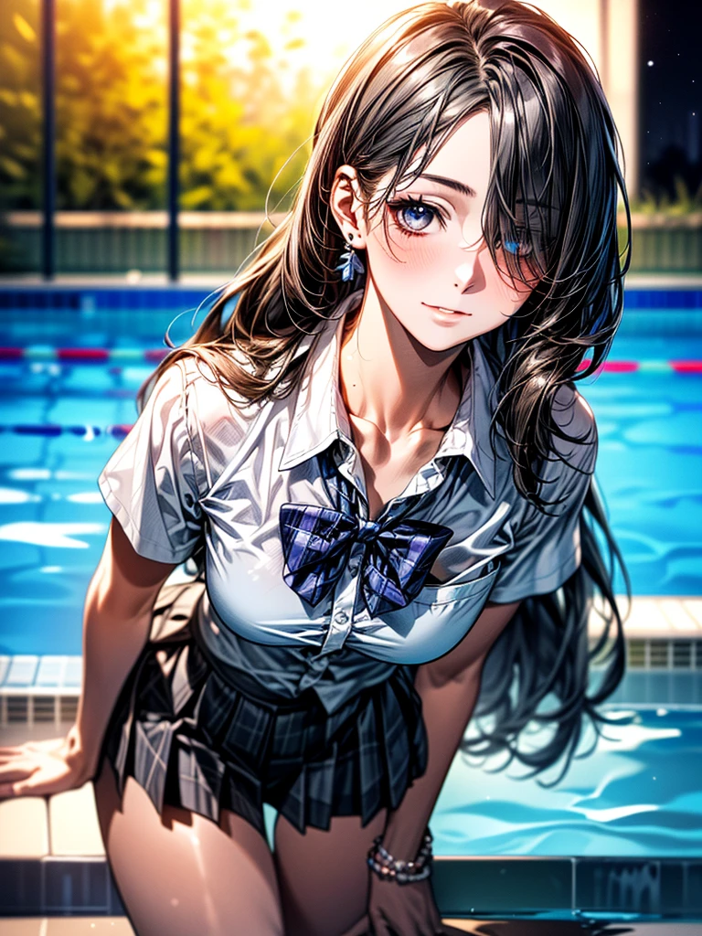 (SFW:1.5) ,Ultra high definition, High detail, Textured skin, retina, High resolution,
(masterpiece:1.2, top-quality), (realistic, photorealistic:1.4), beautiful illustration,
looking at viewer, full body, front view:0.6,
1 girl, japanese, high school girl, (long hair:1.5), blown hair, (side ponytail), hair over one eye, large breasts:0.8,
beautiful hair, beautiful face, beautiful detailed eyes, beautiful clavicle, beautiful body, beautiful chest, beautiful thigh, beautiful legs, beautiful fingers,
(beautiful scenery), school,
((collared short sleeve shirt, white shirt, , grey plaid pleated skirt, blue plaid bow tie)),
(Are standing、slouch, grab the hem of the skirt, hands on chest, hand between leglush,(Leaning forward:1.5)(Portrait Angle)(night、深night:1.5)(Playing in the pool:1.5)(Hair blowing in the wind)