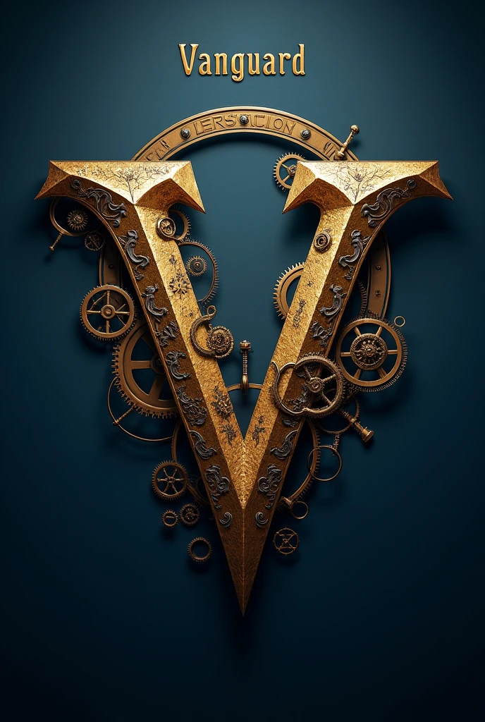 create a V logo, medieval steampunk blue with gold and with a small writing above VANGUARD above, game style medal of honor or something from world war ii.