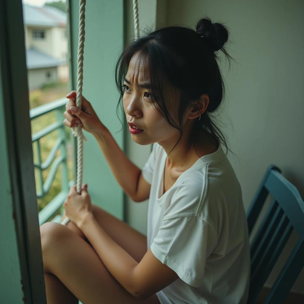 Bad quality. asian thai women. Short t-shirt short pants. body weight 77 kg. slim stomach. feet up on chair. is attaching a white rope to the roof of the house. at noon. almost like a lot of sweat dripping. Grainy colored cctv footage. seen from afar. bad light. Bad image color