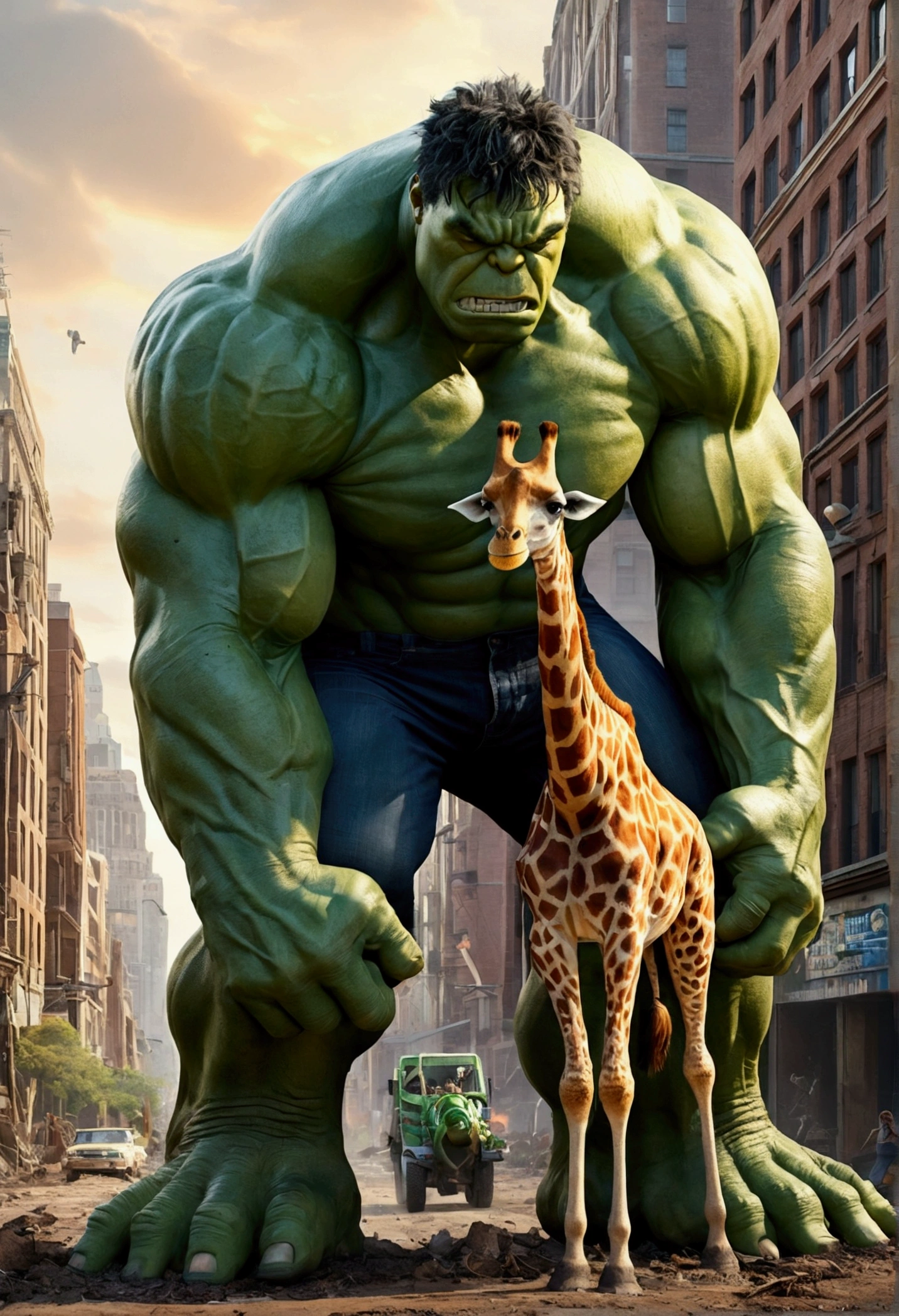 Here's a detailed prompt for the image:

In a surreal and exaggerated battle scene, the Hulk, with his iconic green skin and muscular build, is being overpowered by a tall, powerful giraffe. The giraffe, towering over the Hulk, has wrapped its long neck around him in a tight grip, lifting him slightly off the ground. The Hulk appears surprised and struggling, his face showing both shock and frustration. The background is a mix of a cityscape and a savannah, blending urban elements with wild nature. Dust and debris are scattered around, emphasizing the intensity of the encounter. The colors are vibrant, with the giraffe's spotted pattern contrasting sharply with the Hulk's green hue.