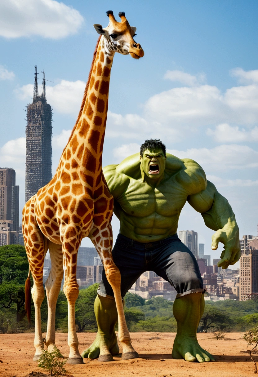 Here's a detailed prompt for the image:

In a surreal and exaggerated battle scene, the Hulk, with his iconic green skin and muscular build, is being overpowered by a tall, powerful giraffe. The giraffe, towering over the Hulk, has wrapped its long neck around him in a tight grip, lifting him slightly off the ground. The Hulk appears surprised and struggling, his face showing both shock and frustration. The background is a mix of a cityscape and a savannah, blending urban elements with wild nature. Dust and debris are scattered around, emphasizing the intensity of the encounter. The colors are vibrant, with the giraffe's spotted pattern contrasting sharply with the Hulk's green hue.