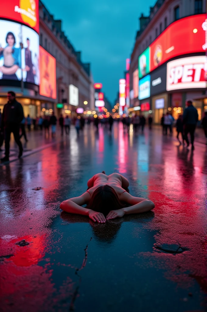 "A bird's eye view of a model lying on the ground in the middle of Piccadilly Circus, surrounded by the hustle and bustle of the city, bright neon lights reflecting off the wet pavement, captured at twilight, shot with a DJl Mavic Air 2, wide angle, vibrant and contrasting colors"