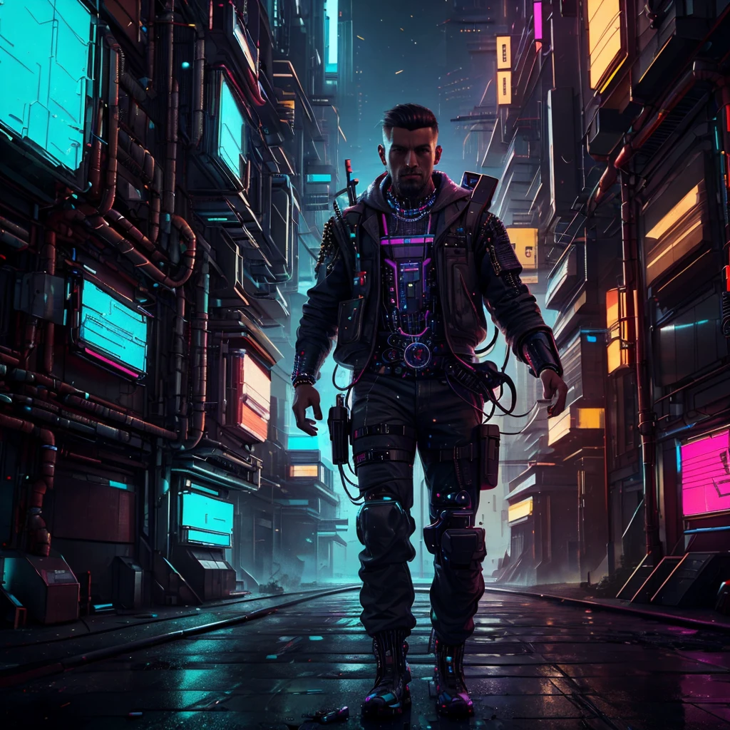 a cyberpunk man with short black hair, cyberware armed, plano general, whole body:1.4, best quality, 4k, 8k, highres, masterpiece:1.2, ultra-detailed, realistic, photorealistic, photo-realistic:1.37, HDR, UHD, studio lighting, ultra-fine painting, sharp focus, physically-based rendering, extreme detail description, professional, vivid colors, bokeh, cyberpunk, science fiction