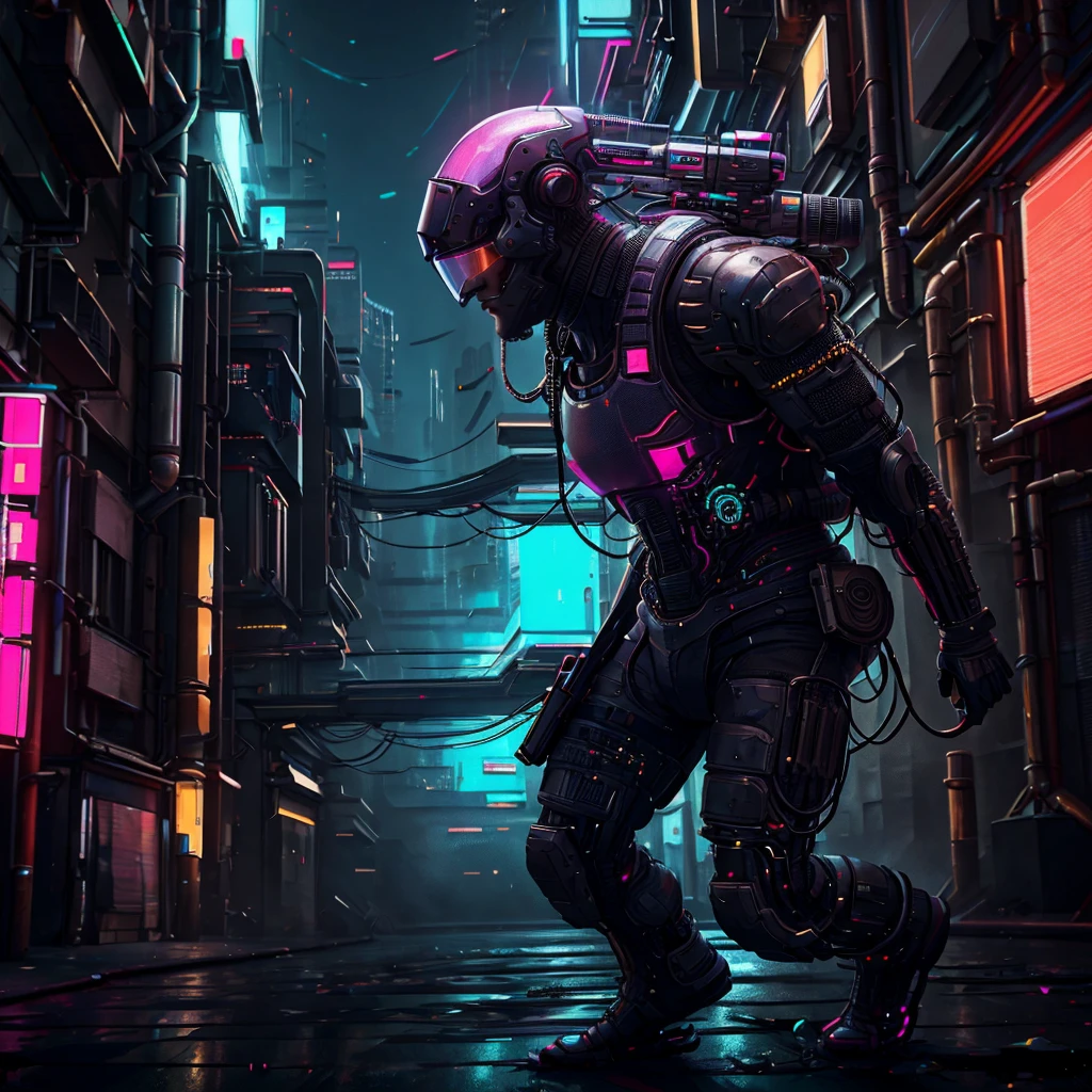 a cyberpunk man with short black hair, cyberware armed, plano general, whole body:1.4, best quality, 4k, 8k, highres, masterpiece:1.2, ultra-detailed, realistic, photorealistic, photo-realistic:1.37, HDR, UHD, studio lighting, ultra-fine painting, sharp focus, physically-based rendering, extreme detail description, professional, vivid colors, bokeh, cyberpunk, science fiction
