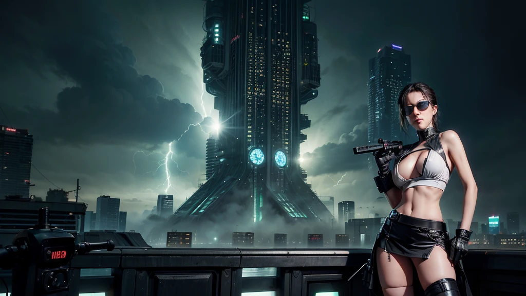 (Wide angle view). Matrix film inspired city, simple outlined neon tall buildings, glowing giant clock tower, lightning, close-up glowing matrix cascading code, 3D rendering Beeple. At night, (1girl, solo, alone), photorealistic, large-breast slim:0.6 body, oval:0.5 face, cleavage:1.1, miniskirt, deep-v, ((upskirt)), glove, (Matrix style black micro sunglasses), ((aiming viewer with a short gun)), (half-body thigh level close-up shot), cinematic lighting, ray tracing.