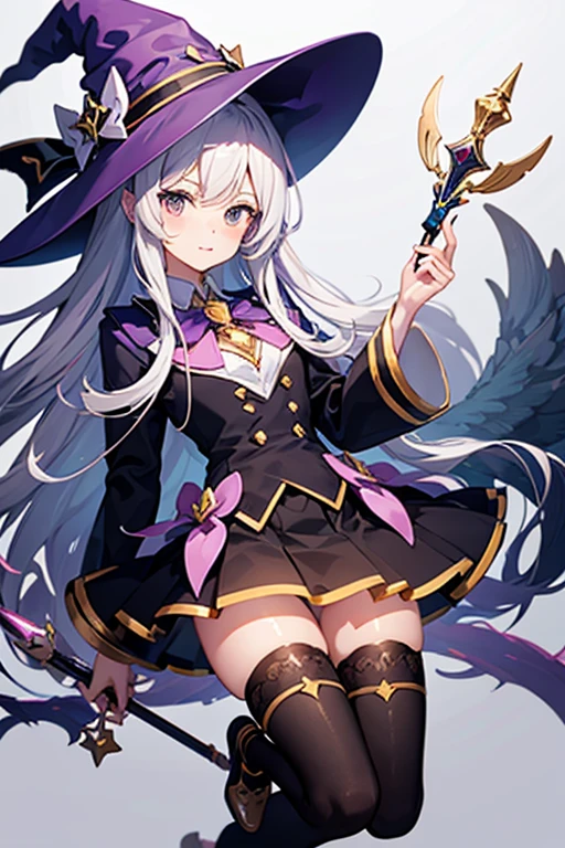 Magical girl、Witch Hat、Magic wand、Black knee-high socks,skirt、Thighs、whole body