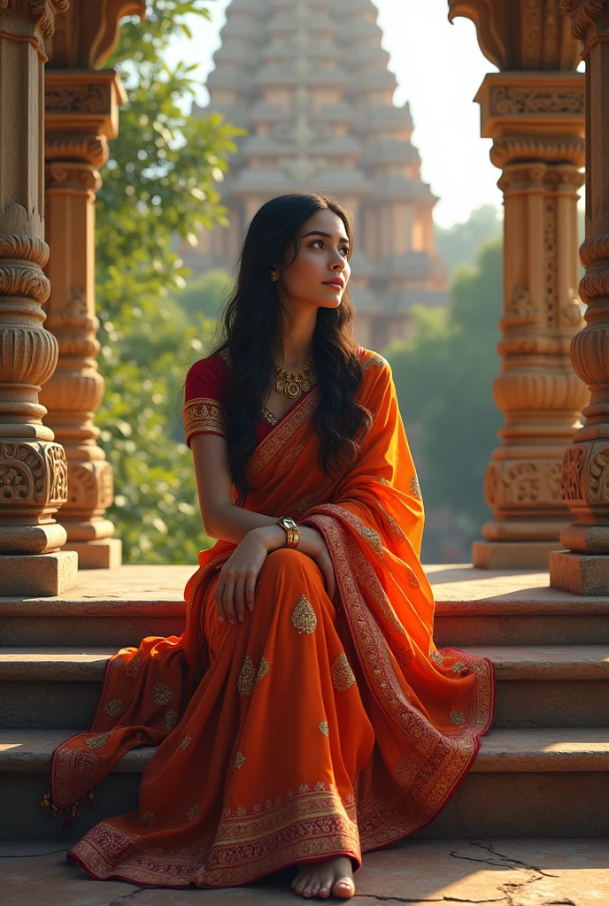 Beautiful Indian girl in saree sitting on temple ladder
