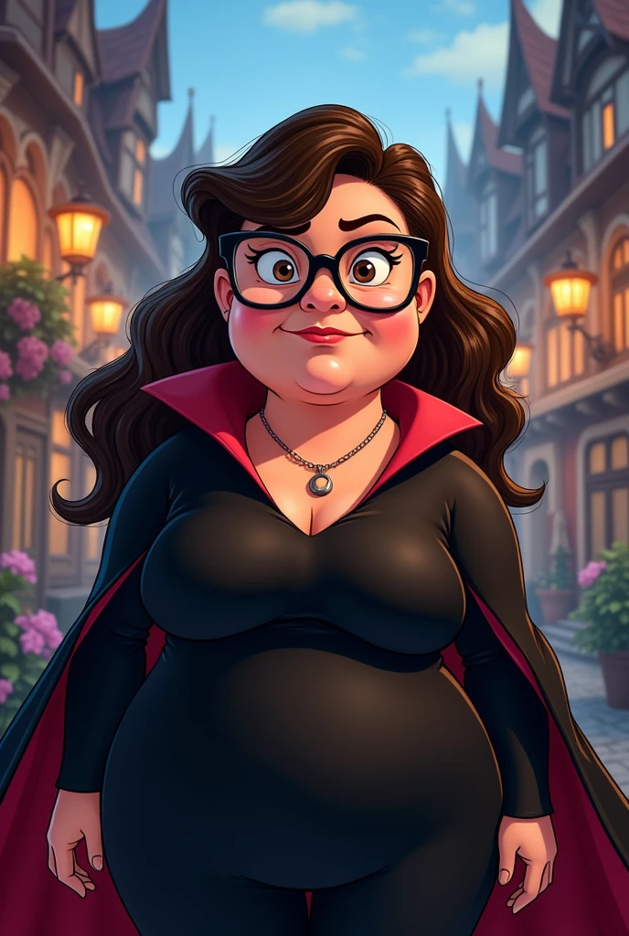 A funny Disney image of a fat, brunette, evil girl with glasses