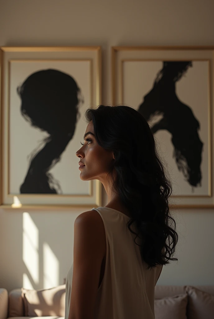 A Brazilian woman from behind admiring two black and white paintings on the wall