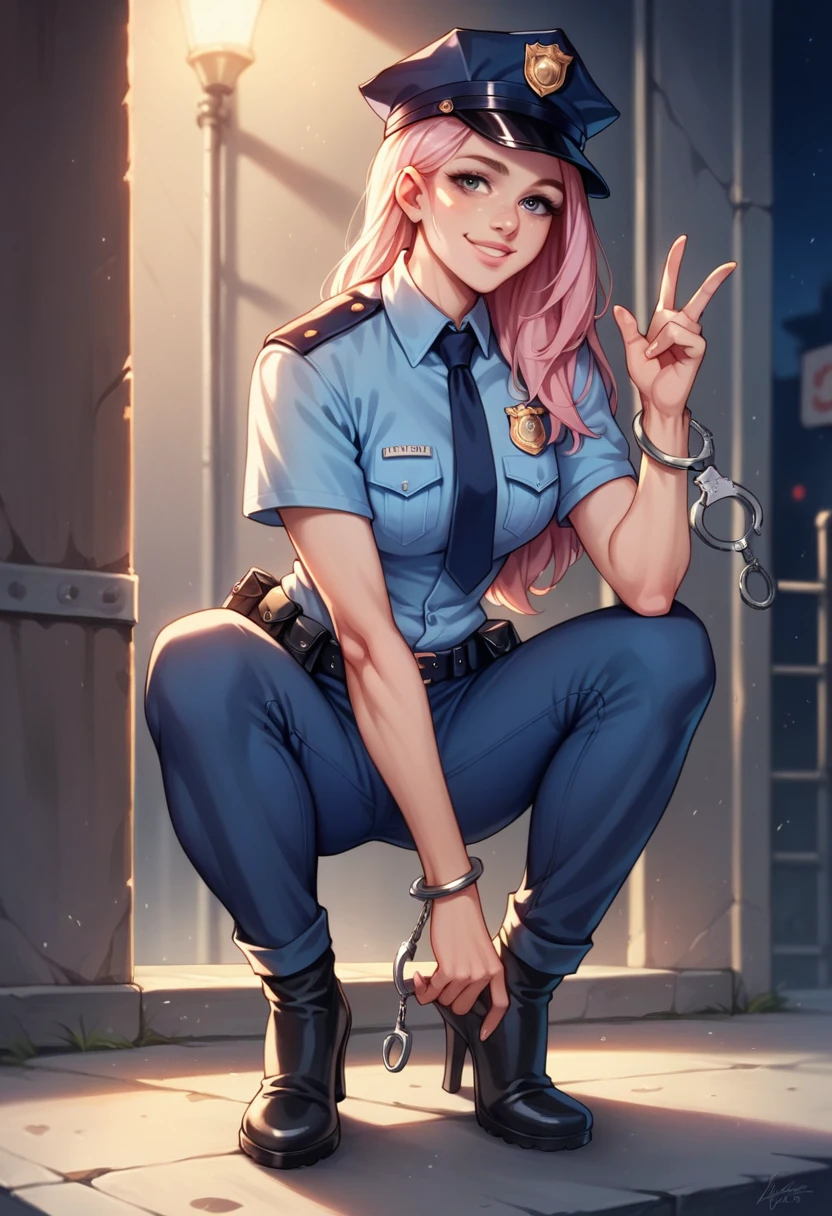 Woman, adult, withe hair, sexy police officer in uniform, night, soft light, facial details, from front, smiling, light pink lips, handcuffs in his hand, fingers, cop cap, full body --Realistic Style-Imagination-