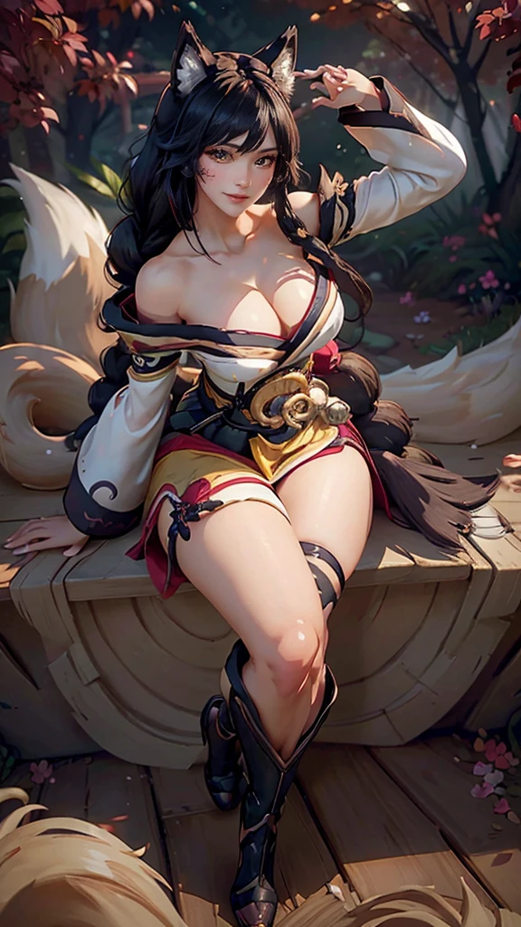 Ahri da league of legends,(best qualityer,4K,8k,high resolution, work of art:1.2)(weather: windy), 1girl, Japanese female, spirit forest background, red and white long sleeve korean kimono dress, thigh high stockings, cleavage, spirit sphere, cute makeup, tall boots, belt, long black hair, braided hair, fox ears, multiple fox tails, ultra detailed, realistic, portrait, beautiful detailed yellow eyes, beautiful detailed lips, extremely detailed eye and face, beautiful girl, long eyelashes, sexly, average, large breasts, beaming smile, dancing, stunning curves, bright coloured, dramatic lighting,