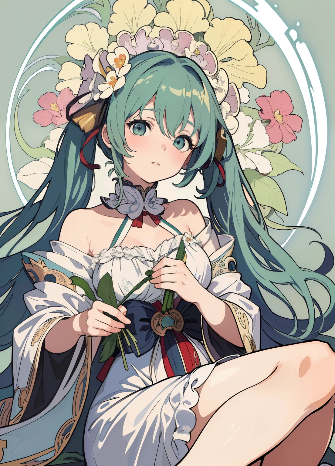 (masterpiece、Highest quality、Highest quality、Official Art、beautifully美しい:1.2)、(One person:1.3)Hatsune Miku、Twin tails,Beautiful breasts, Katsushika Hokusai,1 girl, (masterpiece, Highest quality, Highest quality, beautifully、aesthetic: 1.2), (1 girl: 1.3), flower, Delicate clothing, square picture flame, ((face)), cool face, beautiful white flower flowing background,(Alphonse Mucha's),Gradient color hairstyle, Very detailed, Soft Light, Gentle colors, alone, Long white hair, Dutch Angle, flame, profile, Short neck,Crown, Church clothing, Dutch Angle,