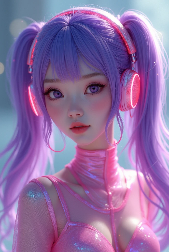 Korean purple hair butterfly woman with headphone and shiny pink outfit shiny pink and purple headphone and pigtails full body full body 