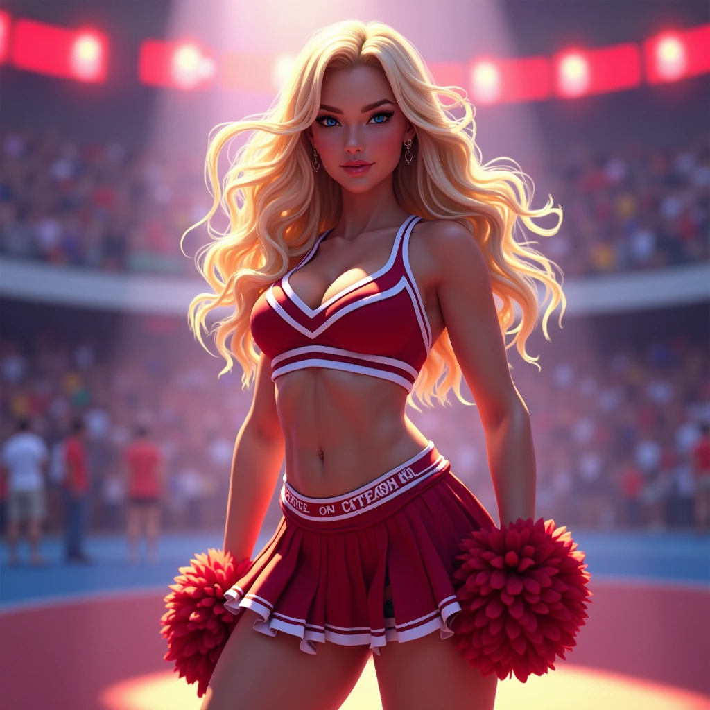 a blonde woman in a sexy cheerleader outfit, big breasts, big smile, attractive pose, full body, (best quality,4k,8k,highres,masterpiece:1.2),ultra-detailed,(realistic,photorealistic,photo-realistic:1.37),professional,vivid colors,physically-based rendering