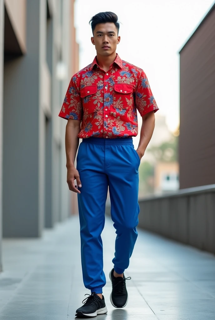 Red printed Filipino with front pockets and blue sports pants, black shoes