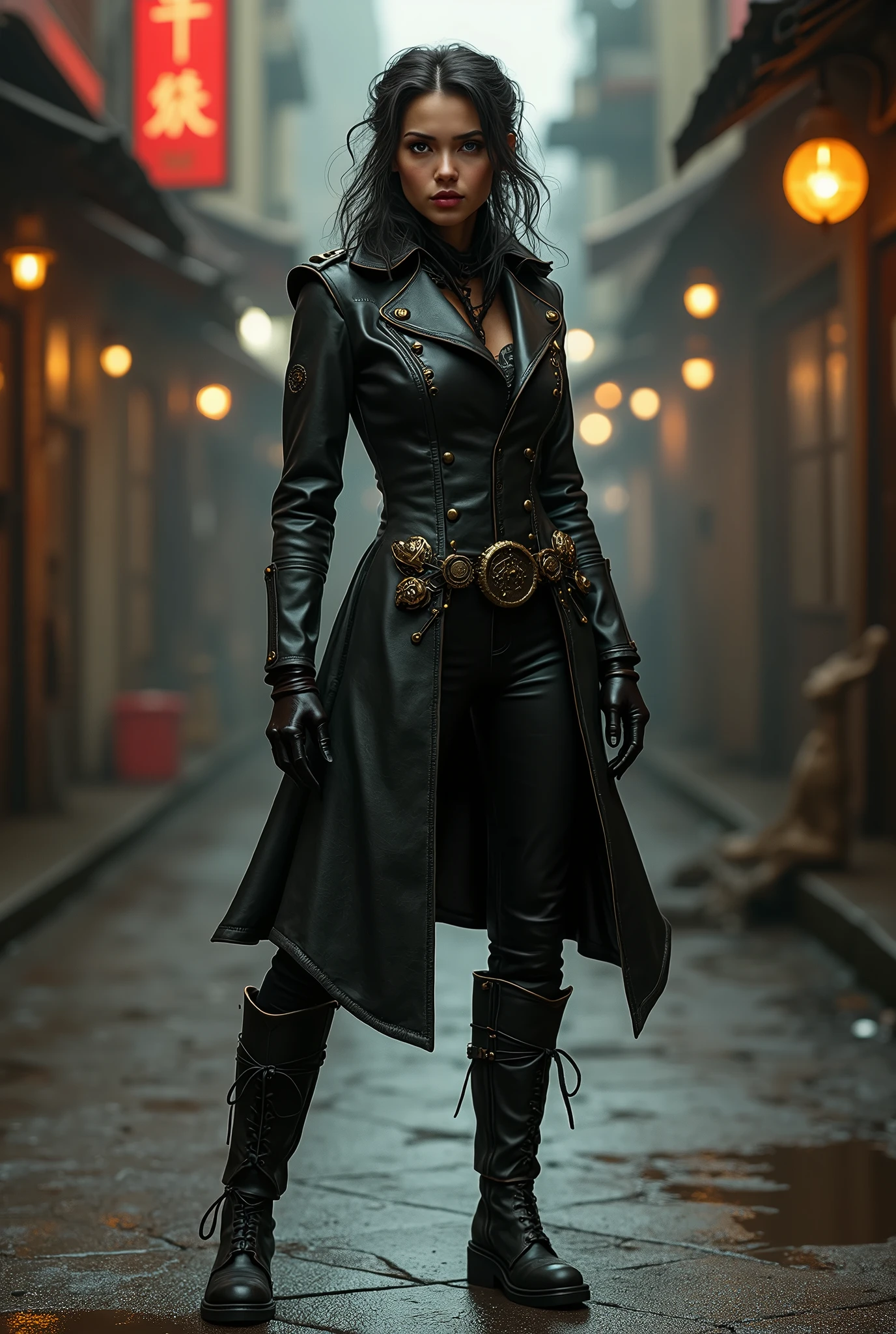 (((full body shot))), (((leather boots))), ((standing on the ground)), Hyper realistic, a 4 steampunk model, Leather suit, pretty eyes, Badly lit steampunk street background, evening