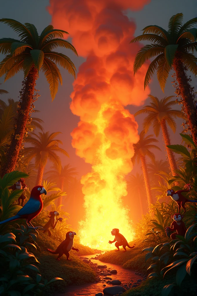 Jungle on fire drawing pixar style