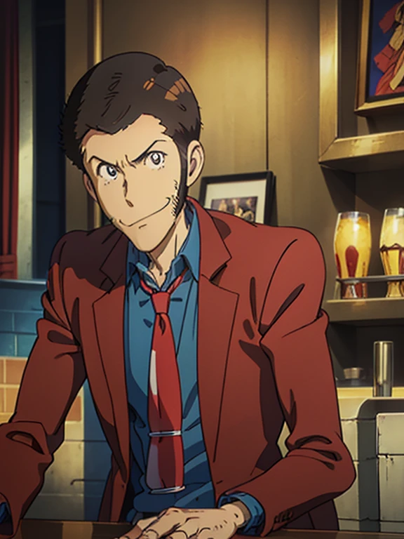 Lupin, (Red jacket, Blue shirt, yellow tie, very very short hair), Close-up, Toon Shader, Natural side Lighting, ((A slightly dimly lit bar, Sit at the counter)), Slightly Smile with mouth closed, With a glass, The correct number of fingers, Nice atmosphere, Anime style illustration, ((masterpiece, best quality, high resolution))