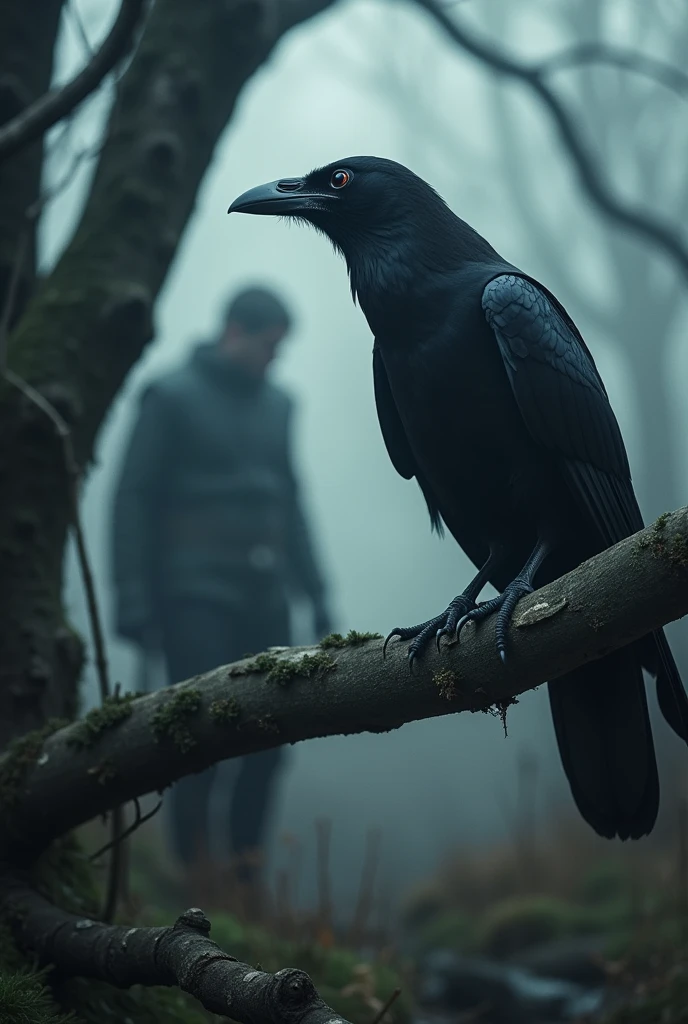 "A close-up view of a single black crow perched on a weathered tree branch in a misty forest. The crow is intently staring at a human figure standing nearby, with piercing, intelligent eyes that seem to convey a sense of ancient wisdom. The human, partially obscured by shadows, is dressed in dark, rugged clothing, and stands motionless, creating an atmosphere of tension and intrigue. The surrounding environment is dimly lit, with a muted palette of grays and blues, and the faint outlines of trees disappearing into the fog. The interaction between the crow and the human feels almost otherworldly, as if they share a deep, unspoken connection."






