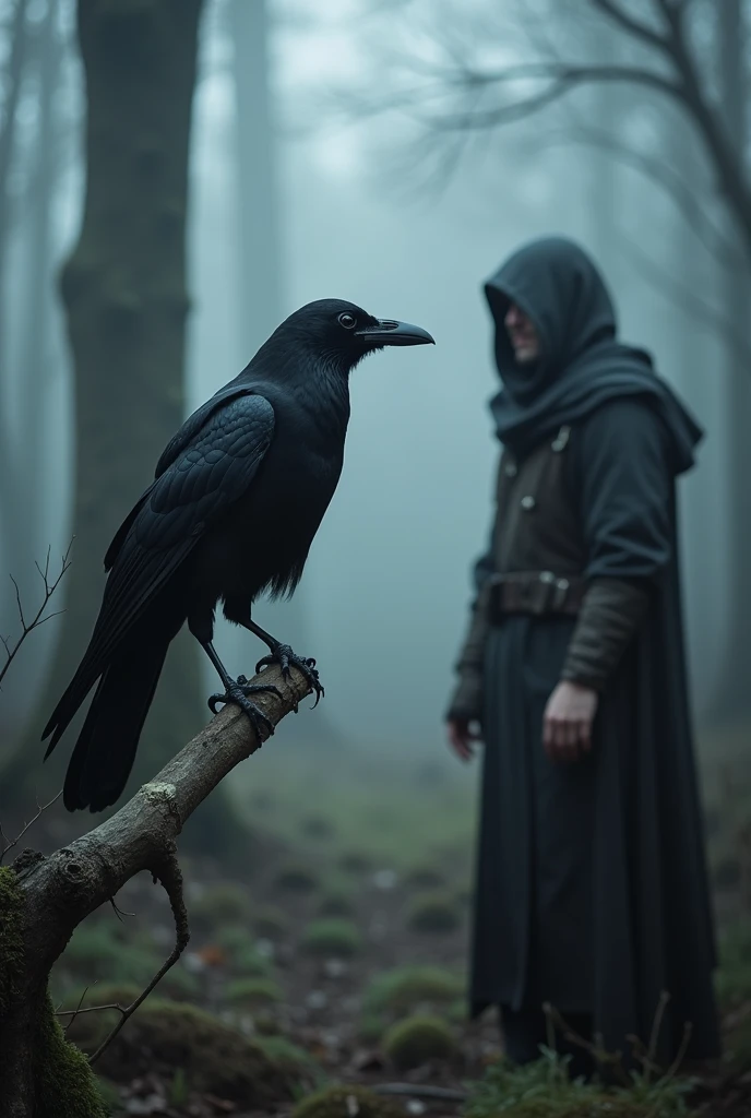 "A close-up view of a single black crow perched on a weathered tree branch in a misty forest. The crow is intently staring at a human figure standing nearby, with piercing, intelligent eyes that seem to convey a sense of ancient wisdom. The human, partially obscured by shadows, is dressed in dark, rugged clothing, and stands motionless, creating an atmosphere of tension and intrigue. The surrounding environment is dimly lit, with a muted palette of grays and blues, and the faint outlines of trees disappearing into the fog. The interaction between the crow and the human feels almost otherworldly, as if they share a deep, unspoken connection."