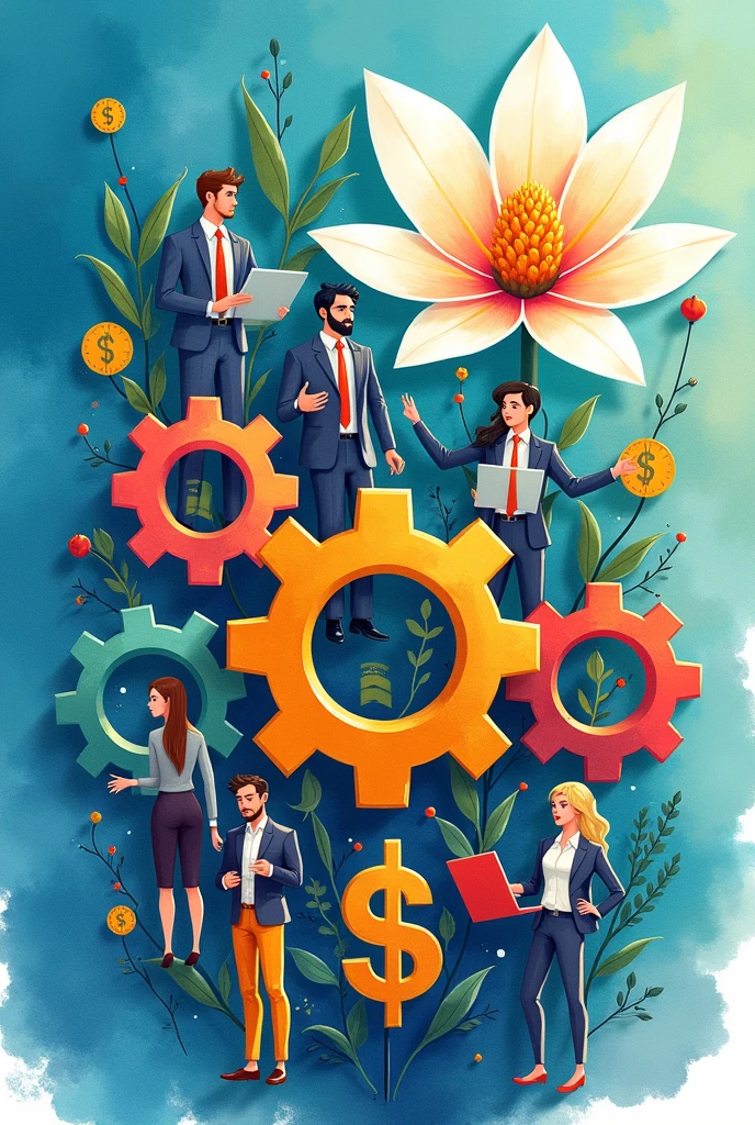 Create a three-dimensional gear Circles and squares, currencies, graph lines and many images of businessmen and businesswomen. Using watercolor and mixed media, bright colors are used. The light source is in the upper right corner. There is a big white flower. The background is blue. --ar 2:3