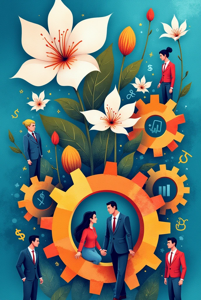 Create a three-dimensional gear Circles and squares, currencies, graph lines and many images of businessmen and businesswomen. Using watercolor and mixed media, bright colors are used. The light source is in the upper right corner. There is a big white flower. The background is blue. --ar 2:3