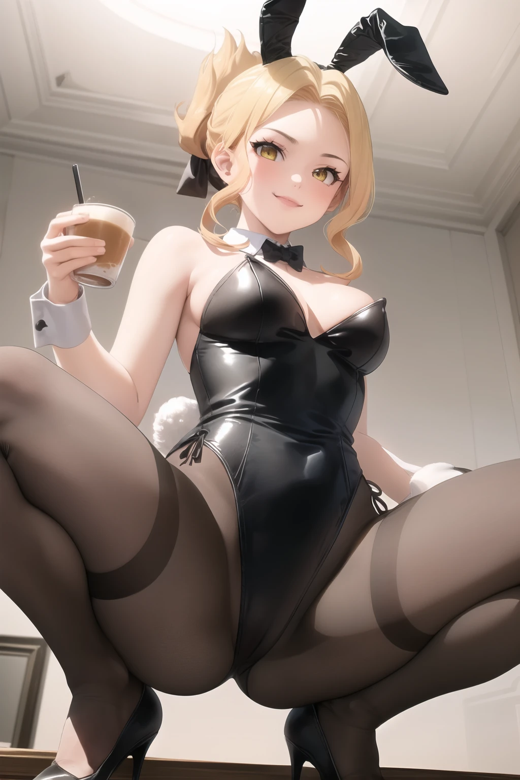 One girl, (Luna), Blonde, Folded ponytail, Side Lock, Yellow Eyes, smile, medium breasts, (black playboy bunny), (black fake rabbit ears), (black pantyhose), (black high-heels), squatting, spread legs, (from below: 1.3), cowboy shot, indoor, cafe,
