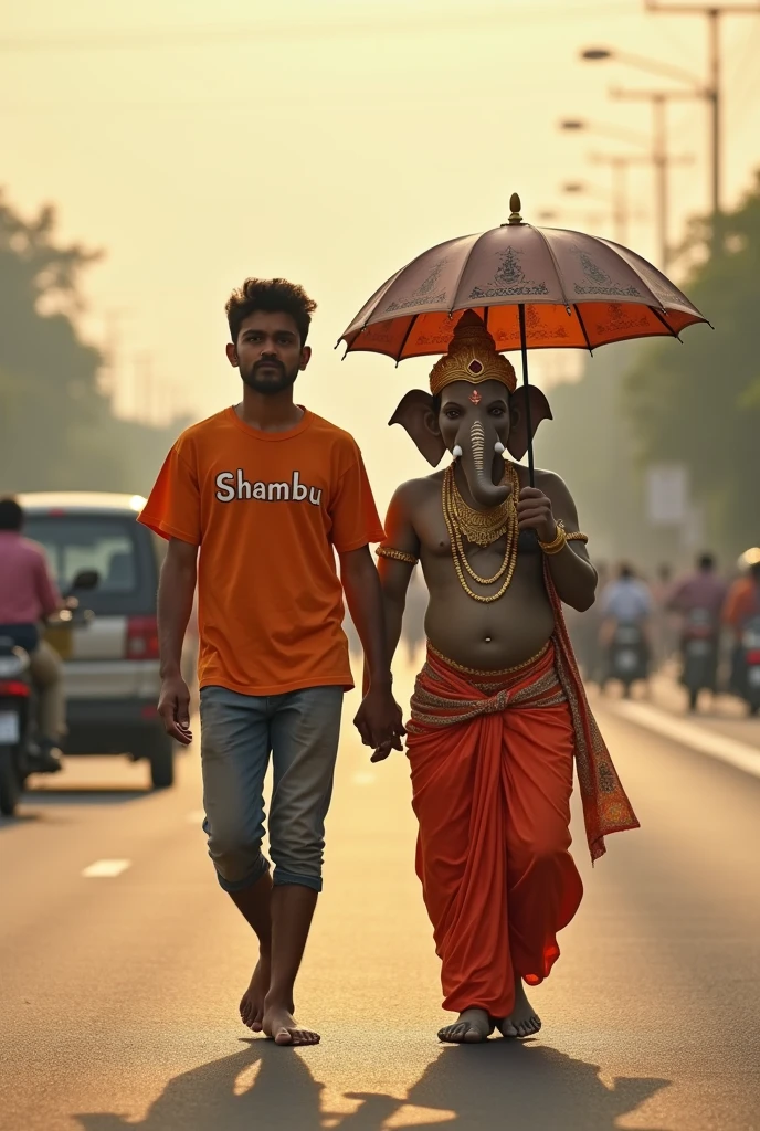 20-year-old boy and Lord Ganesha are walking together on a highway road, the boy is barefoot and wearing a saffron-coloured T-shirt with "Shambhu" written on it in big letters, the environment is beautiful, there are cars and people in the background, the image is very clear, highly detailed, and both are of the same height. Ganesha is holding an umbrella and both are walking from the front