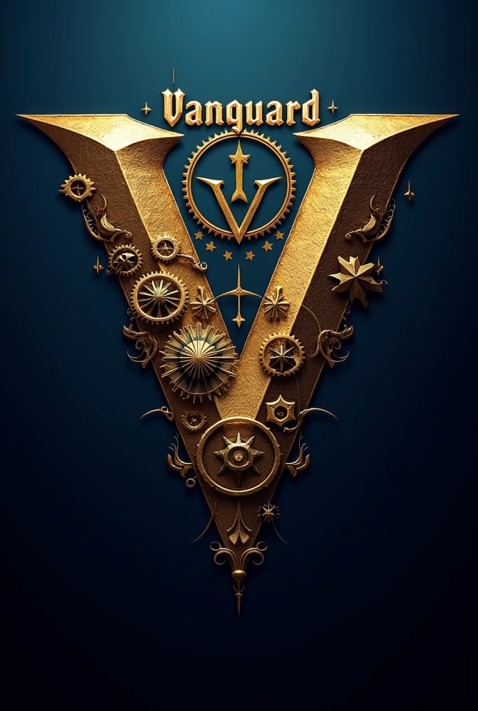 create a V logo, medieval steampunk blue with gold and with a small writing above VANGUARD above, game style medal of honor or something from world war ii.