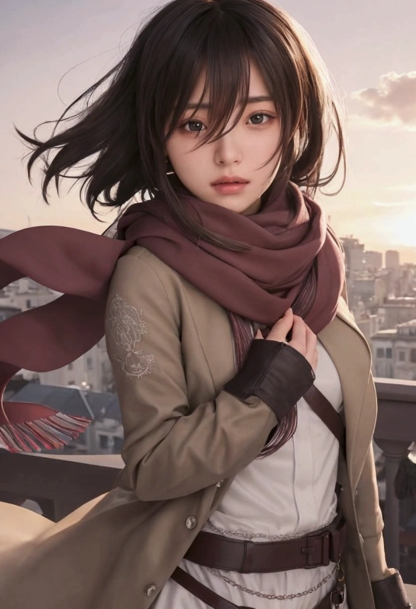  a beautiful girl with long hair and a scarf on a balcony, female protagonist