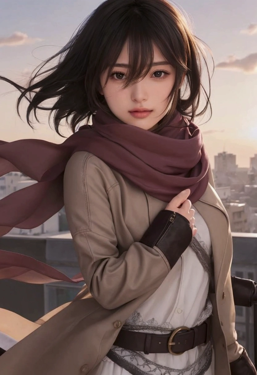  a beautiful girl with long hair and a scarf on a balcony, female protagonist