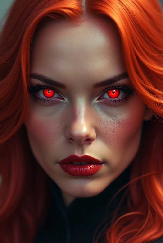 Wanda Maximoff, Red hair, , Marvel, Scarlet witch, Red orange Hair Face to Face. Evil looking, high realism, wanda Vision, red eys