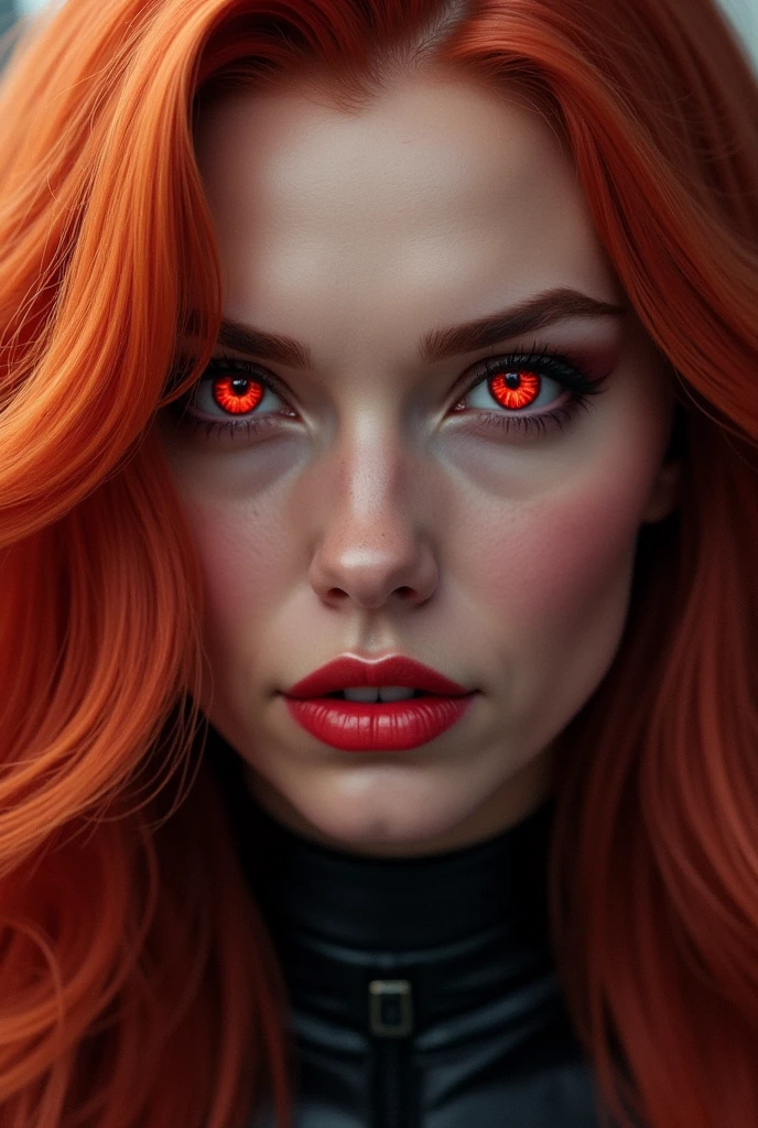 Wanda Maximoff, Red hair, , Marvel, Scarlet witch, Red orange Hair Face to Face. Evil looking, high realism, wanda Vision, red eys