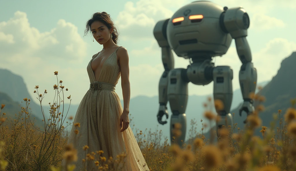 (masterpiece, UHD. Photorealistic. Analog photography.1950 style.) in a dystopian Neo retro futuristic world. An ultra hot gorgeous European woman. Age 23. Epic cleavage (100e size). Dressed like a 1940 adventuress. She studies flora and fauna In the wilderness.  1930 clunky and rusty giant evil war robot with glowing eyes in the background.
