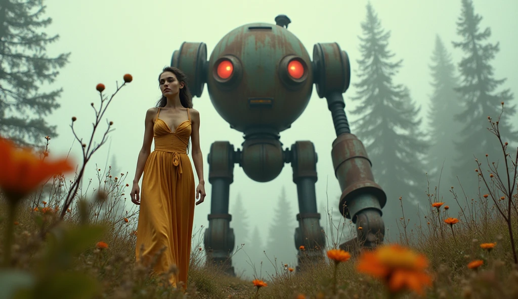 (masterpiece, UHD. Photorealistic. Analog photography.1950 style.) in a dystopian Neo retro futuristic world. An ultra hot gorgeous European woman. Age 23. Epic cleavage (100e size). Dressed like a 1940 adventuress. She studies flora and fauna In the wilderness. 1930 clunky and rusty giant evil war robot with glowing eyes in the background.
