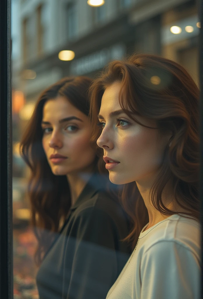 creates a photograph of a 2 woman seen behind glass in a shop window