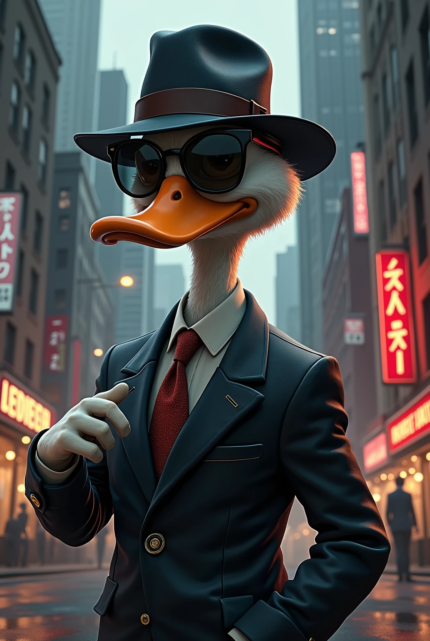 Duck with mafia style at the city