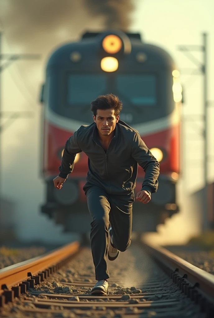 Oscar Cano running in front of a high-speed train