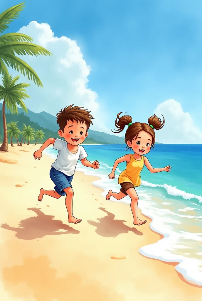 You could make a watercolor drawing for a story about a boy and a girl running on the beach. 