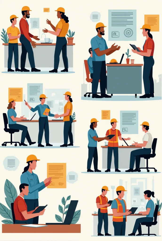 Legal documents, workers&#39; meetings, work safety posters.

