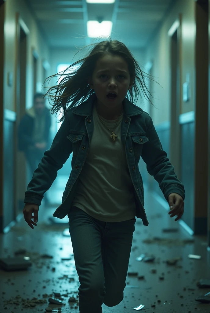 Girl being chased by a man inside a school with broken glass and flashing lights